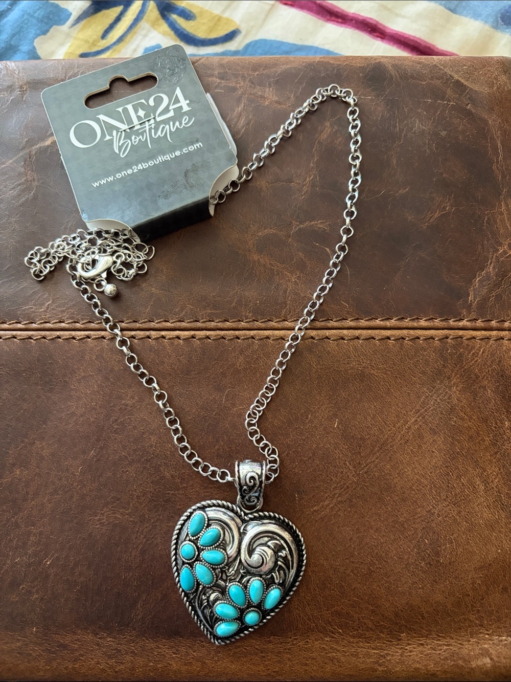 Faux Silver Heart Pendant Necklace with Turquoise Accent